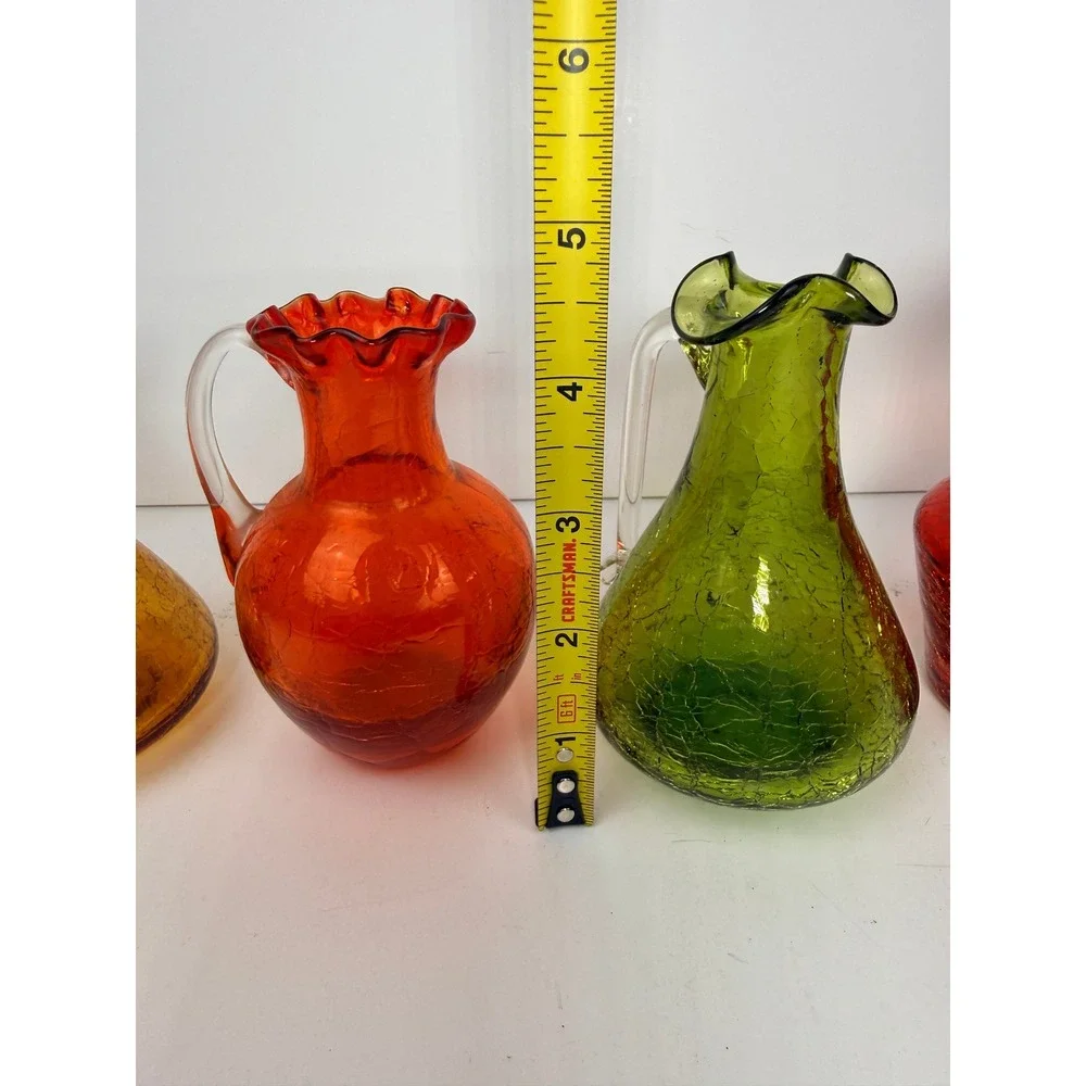 Vintage Crackle Glass Miniature Pitcher Set 4 Rainbow Mid Century Art Glass Vase